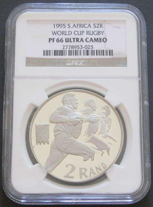 HIGH GRADE*** 1995 Rugby World Cup SA- PF66 Ultra Cameo -1oz Sterling Silver R2***