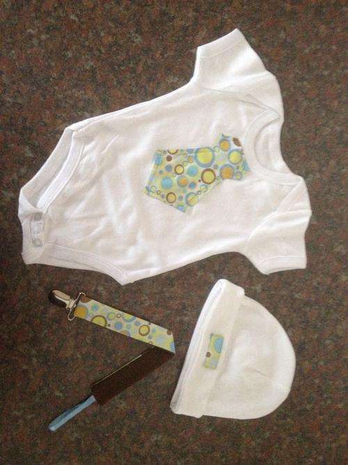 REDUCED!!! Onesie with Tie Detail and coordinating Hat & Pacifier Clip (Boy)