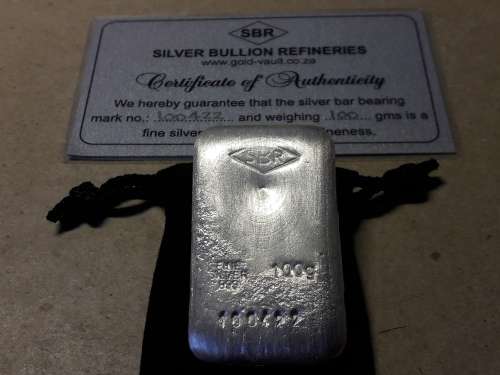 100 g .999 Silver Bar from SBR with certificate of Authenticity