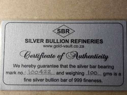 100 g .999 Silver Bar from SBR with certificate of Authenticity