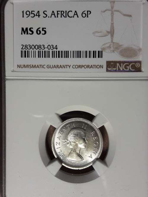 1954 SA UNION 6 PENCE NGC GRADED MS 65