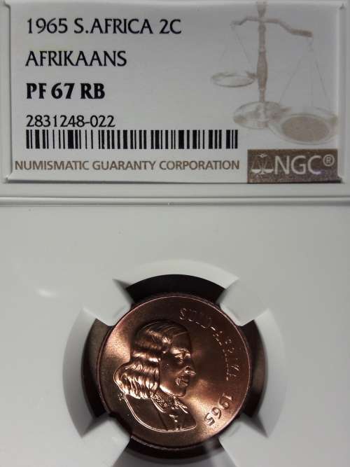 1965 RSA 2 CENT AFRIKAANS NGC GRADED PF 67 RB [POP 1]