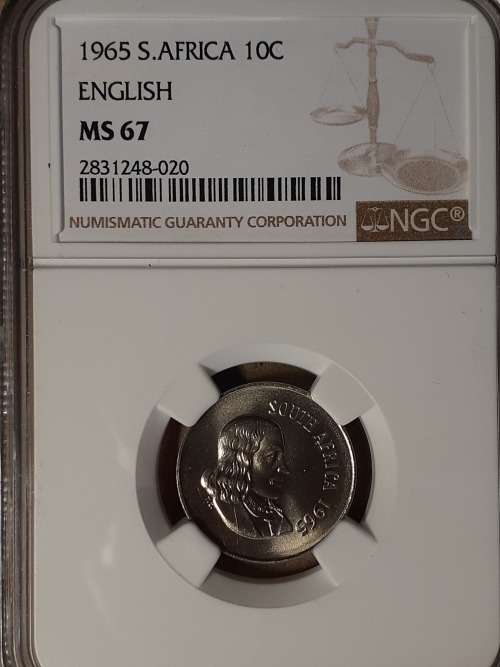 1965 RSA 10 CENT ENGLISH NGC GRADED MS 67 [POP 2. Only one coin graded better]