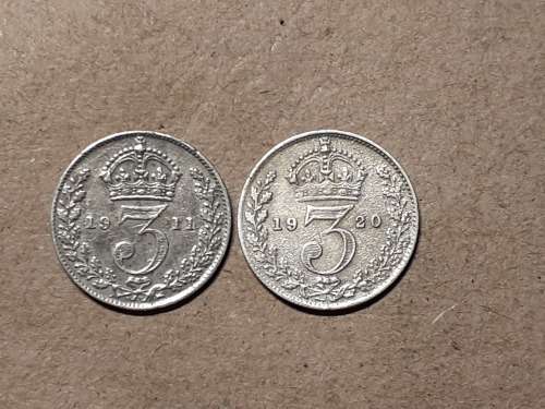 2 x BRITISH STERLING SILVER 3 PENCE