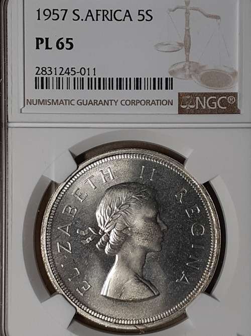 1957 SA UNION SILVER 5 SHILLINGS NGC GRADED PL 65 [POP 3]