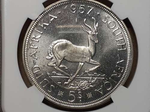 1957 SA UNION SILVER 5 SHILLINGS NGC GRADED PL 65 [POP 3]