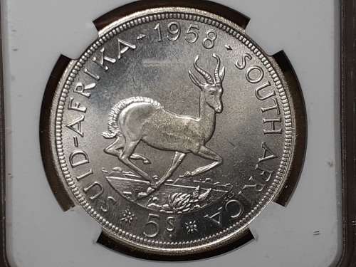1958 SA UNION SILVER 5 SHILLINGS NGC GRADED PL 65 [POP 3]