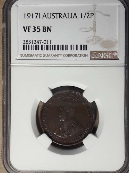 1917I AUSTRALIA ½ Penny NGC GRADED VF 35 BN [ONLY ONE GRADED IN THIS GRADE]