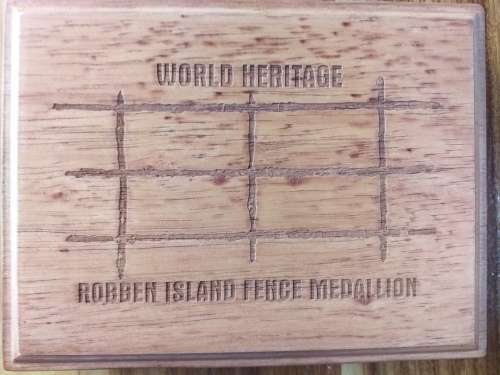 ORIGINAL FENCE FROM ROBBEN ISLAND PRISON IN WOODEN BOX WITH COA. NO COIN. [SOUGHT AFTER AND RARE]