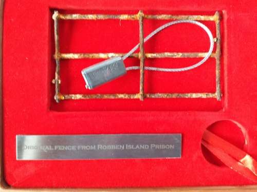 ORIGINAL FENCE FROM ROBBEN ISLAND PRISON IN WOODEN BOX WITH COA. NO COIN. [SOUGHT AFTER AND RARE]