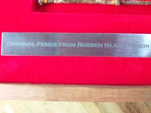 ORIGINAL FENCE FROM ROBBEN ISLAND PRISON IN WOODEN BOX WITH COA. NO COIN. [SOUGHT AFTER AND RARE]