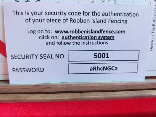ORIGINAL FENCE FROM ROBBEN ISLAND PRISON IN WOODEN BOX WITH COA. NO COIN. [SOUGHT AFTER AND RARE]