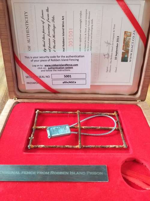 ORIGINAL FENCE FROM ROBBEN ISLAND PRISON IN WOODEN BOX WITH COA. NO COIN. [SOUGHT AFTER AND RARE]