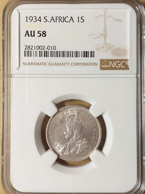 1934 SA UNION SILVER SHILLING NGC GRADED AU 58