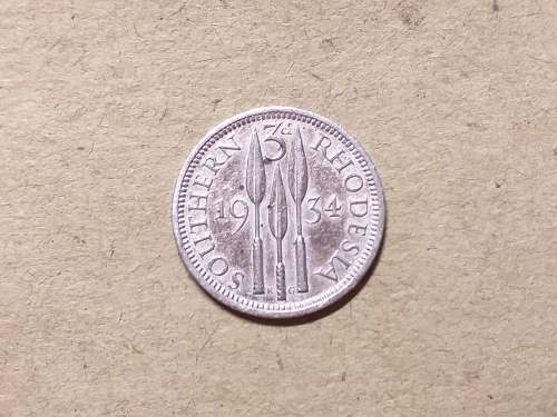 1934 RHODESIA STERLING SILVER THREEPENCE
