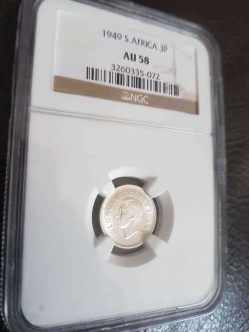 1949 SA UNION SILVER THREEPENCE NGC GRADED AU 58