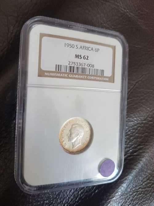 1950 SA UNION SILVER SIXPENCE NGC GRADED MS 62