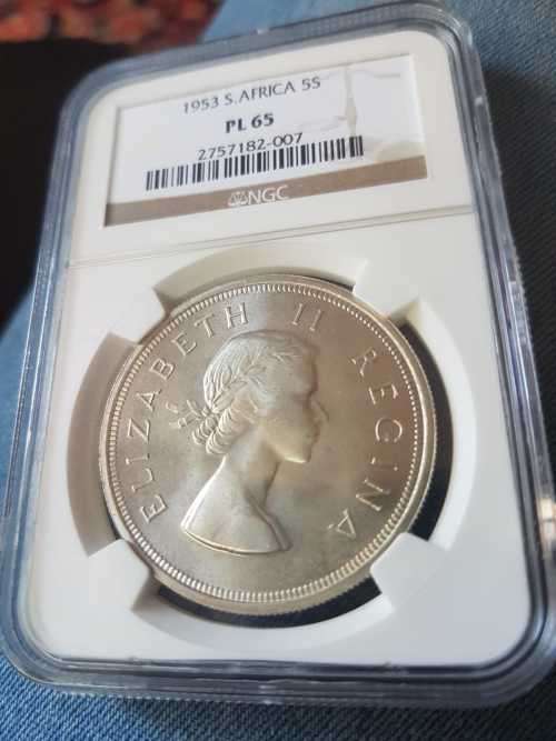 1953 SA UNION SILVER 5 SHILLINGS NGC GRADED PL 65