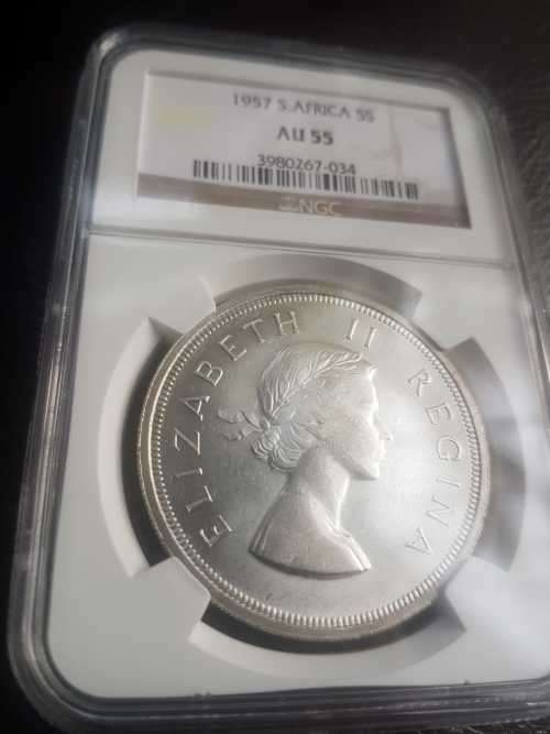 1957 SA UNION SILVER 5 SHILLINGS NGC GRADED AU 55