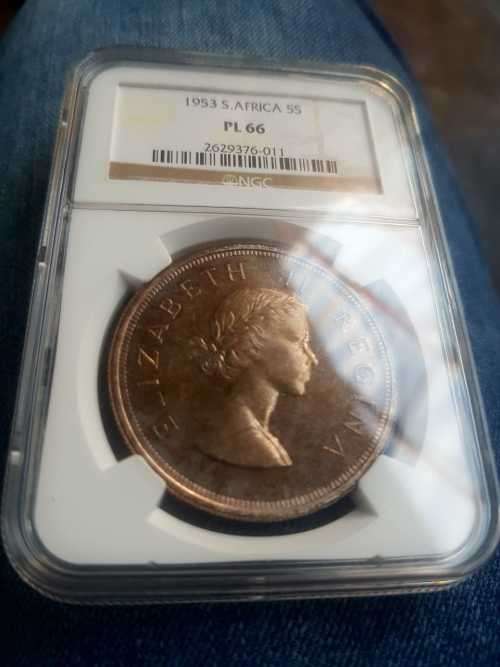 1953 SA UNION SILVER 5 SHILLINGS NGC GRADED PL 66