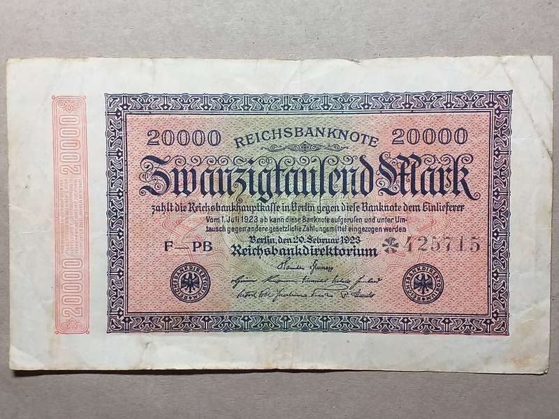 1923 GERMANY 20,000 Mark Reichsbanknote