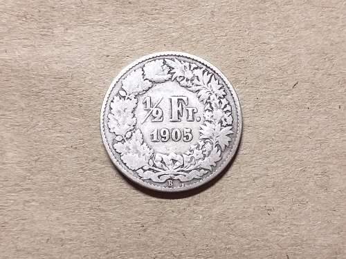 1905 SWITZERLAND ½ Franc Helvetia standing; silver