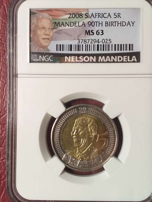 2008 RSA R5 MANDELA 90TH BIRTHDAY NGC GRADED MS 63