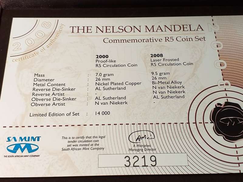 NELSON MANDELA COMMEMORATIVE R5 SET - 2000 Proof Like WITHOUT THE 2008 Lazer Frosted COIN
