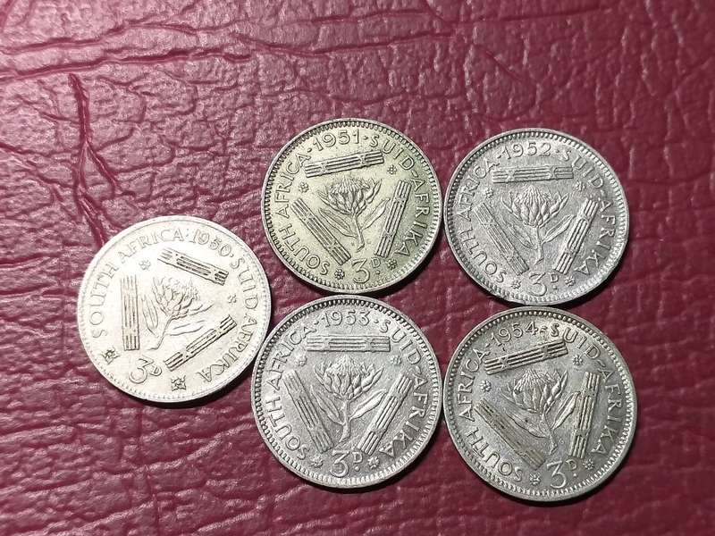 A LOT OF 5 SA UNION THREEPENCES - DIFFERENT DATES [Bid per coin to take all]