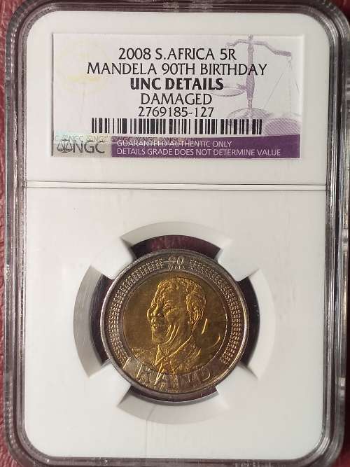 2008 RSA R5 MANDELA 90TH BIRTHDAY NGC GRADED UNC DETAILS