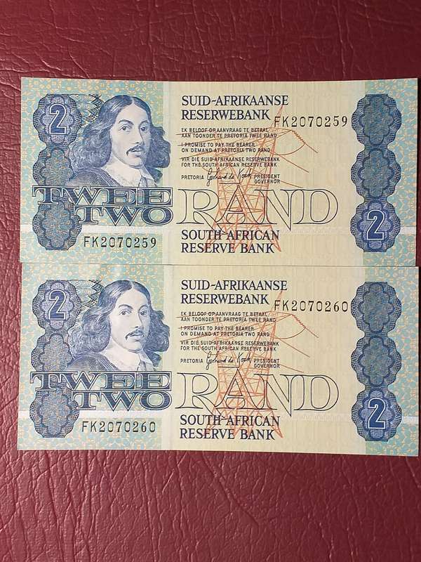 2 x RSA R2 NOTES UNCIRCULATED IN SEQUENCE [G de Kock] - Bid per note to take both.