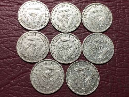 A LOT OF 8 SA UNION SILVER THREEPENCES - DIFFERENT DATES - [Bid per coin to take all]
