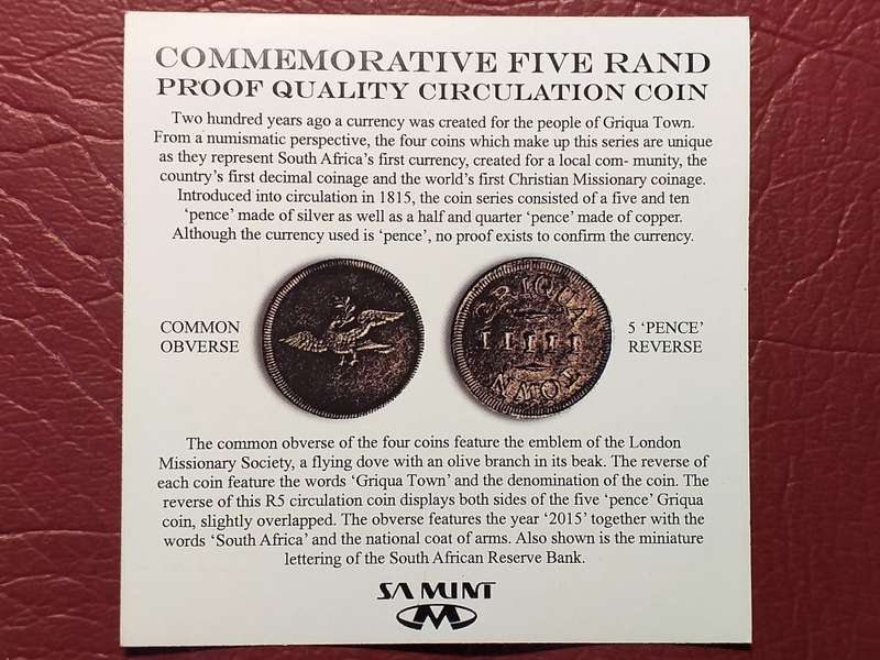 2015 RSA PROOF R5 BICENTENNIAL OF THE COINAGE OF GRIQUA TOWN WITH MAGNIFYING GLASS IN SPECIAL HOLDER
