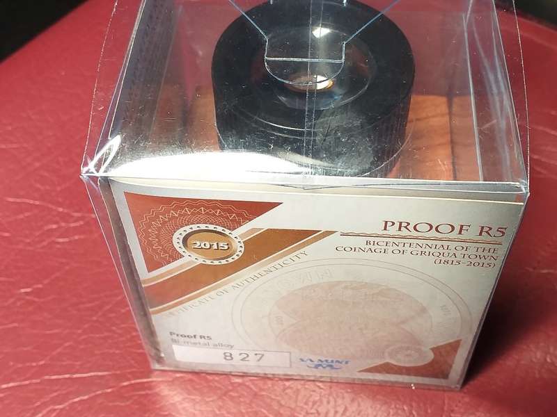 2015 RSA PROOF R5 BICENTENNIAL OF THE COINAGE OF GRIQUA TOWN WITH MAGNIFYING GLASS IN SPECIAL HOLDER