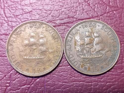 2 x 1953 SA UNION PENNIES - [Bid per coin to take both]