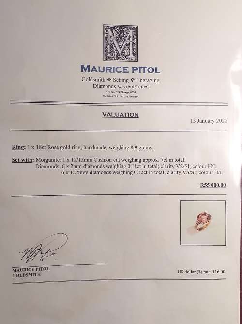 LOVELY GENUINE SOLID 18 ct ROSE GOLD RING WITH MORGANITE AND DIAMONDS WITH VALUATION CERTIFICATE
