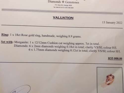 LOVELY GENUINE SOLID 18 ct ROSE GOLD RING WITH MORGANITE AND DIAMONDS WITH VALUATION CERTIFICATE