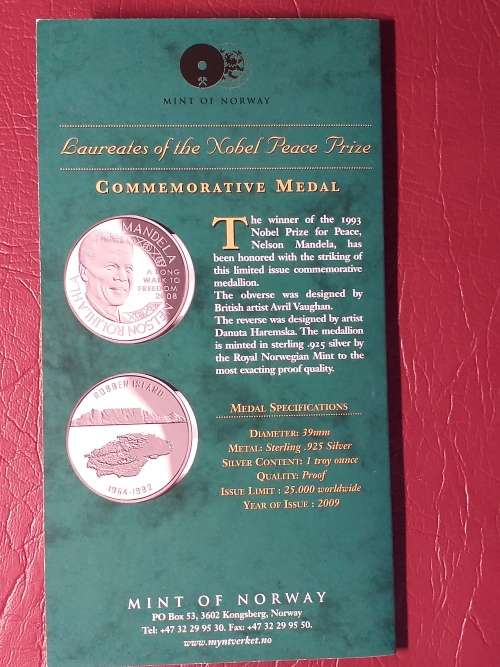 2009 Mandela Nobel Laureate .925 Silver Troy Oz Commemorative Robben Island MEDAL CAPSULED IN FOLDER