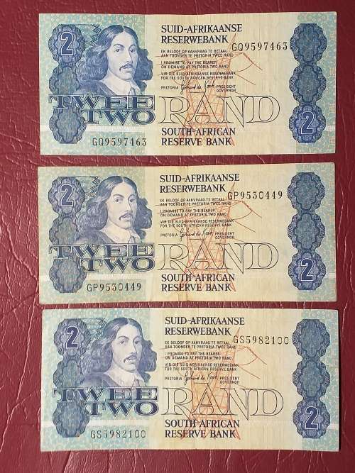 3 x RSA TWO RAND NOTES - G. de KOCK - [Bid per note to take all.]