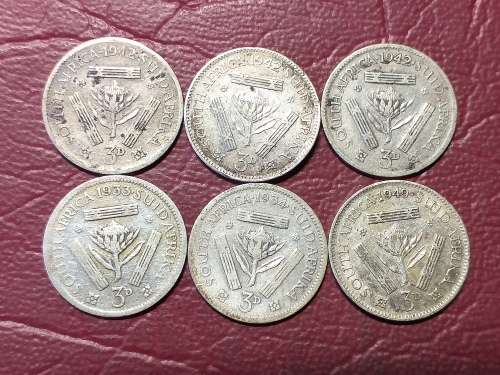 A LOT OF 6 SA UNION THREEPENCES - [Bid per coin to take all.]