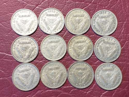 A LOT OF 12 SA UNION SILVER THREEPENCES -  [Bid per coin to take all.]