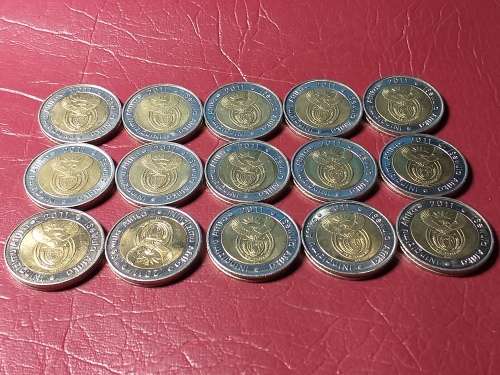 A LOT OF 15 x 2011 RSA SARB 90th ANNIVERSARY 5 RAND COINS - [Bid per coin to take all.]