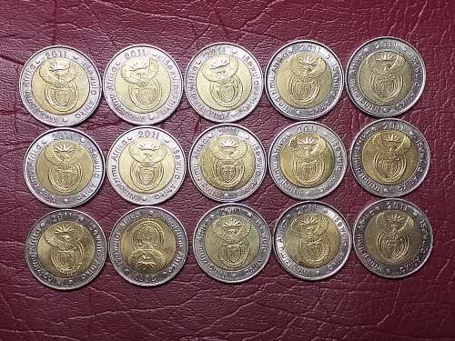 A LOT OF 15 x 2011 RSA SARB 90th ANNIVERSARY 5 RAND COINS - [Bid per coin to take all.]