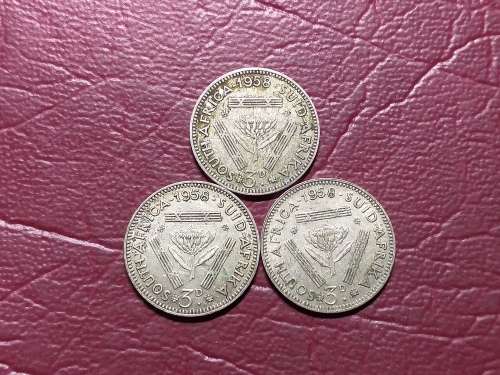 3 x 1958 SA UNION SILVER 3 PENCES - [Bid per coin to take all.]