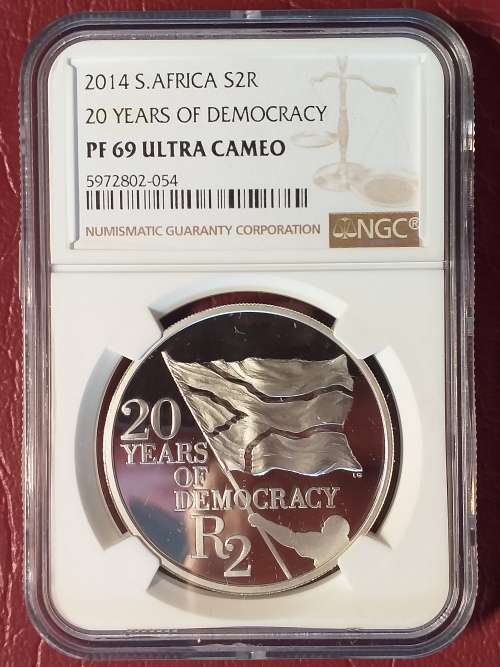 2014 RSA STERLING SILVER R2 - 20 YEARS OF DEMOCRACY - NGC GRADED PF 69 ULTRA CAMEO - [RARE]