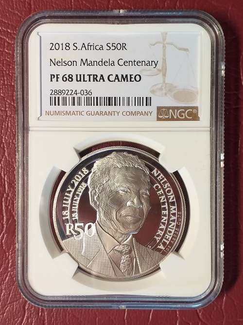 2018 RSA  STERLING SILVER 50 Rand - Nelson Mandela - The Statesman - NGC GRADED PF 68 ULTRA CAMEO