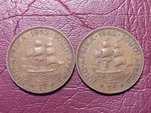 2 x 1952 SA UNION PENNIES - [Bid per coin to take all.]