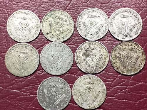 A LOT OF 10 SA UNION SILVER 3 PENCES -  [Bid per coin to take all]