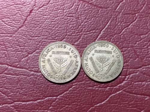 2 x 1959 SA UNION SILVER THREEPENCES - [Bid per coin to take both.]