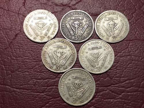 A LOT OF 6 SA UNION SILVER 3 PENCES - [Bid per coin to take all.
